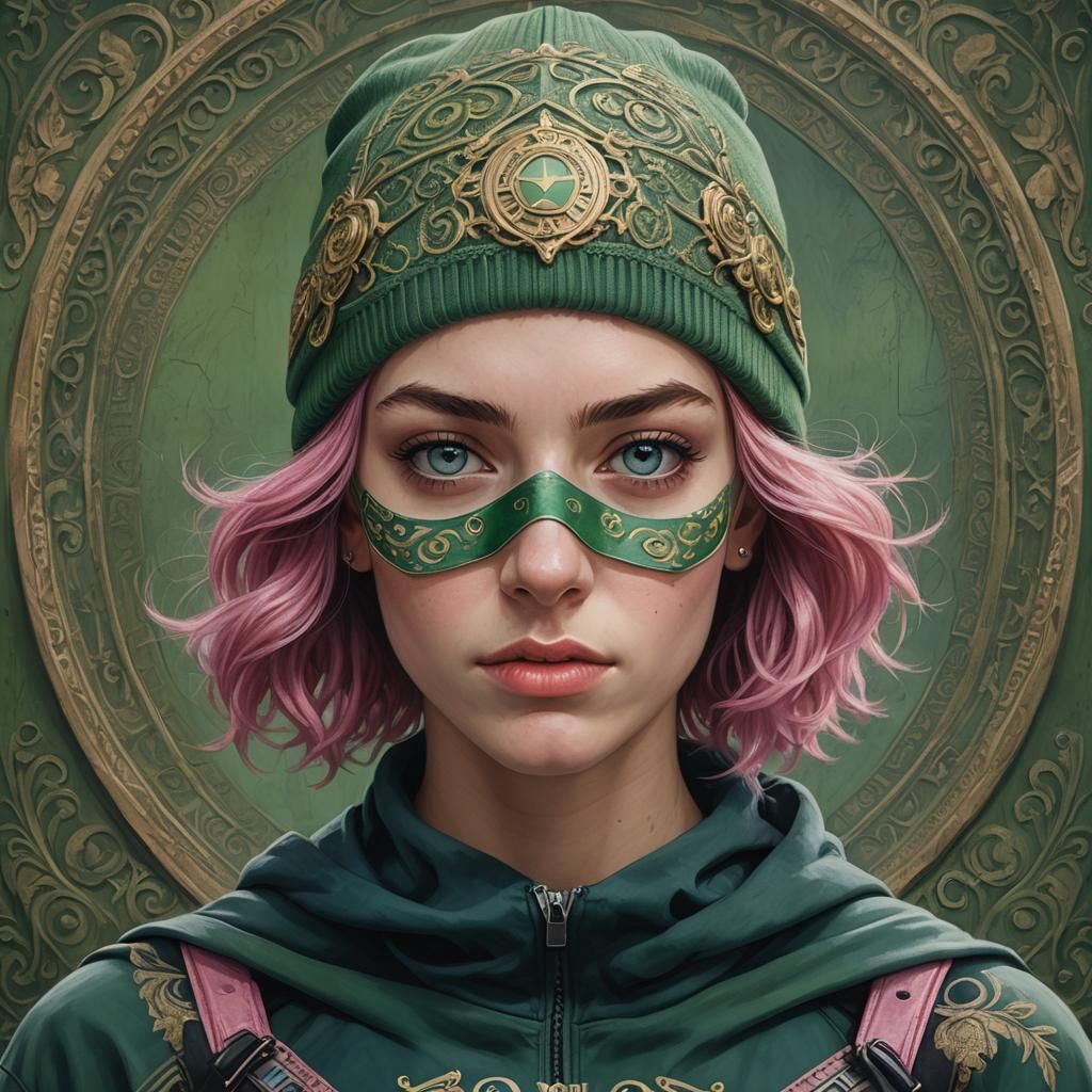 Hyperrealistic Portrait of a Pink-Haired Greek Superhero