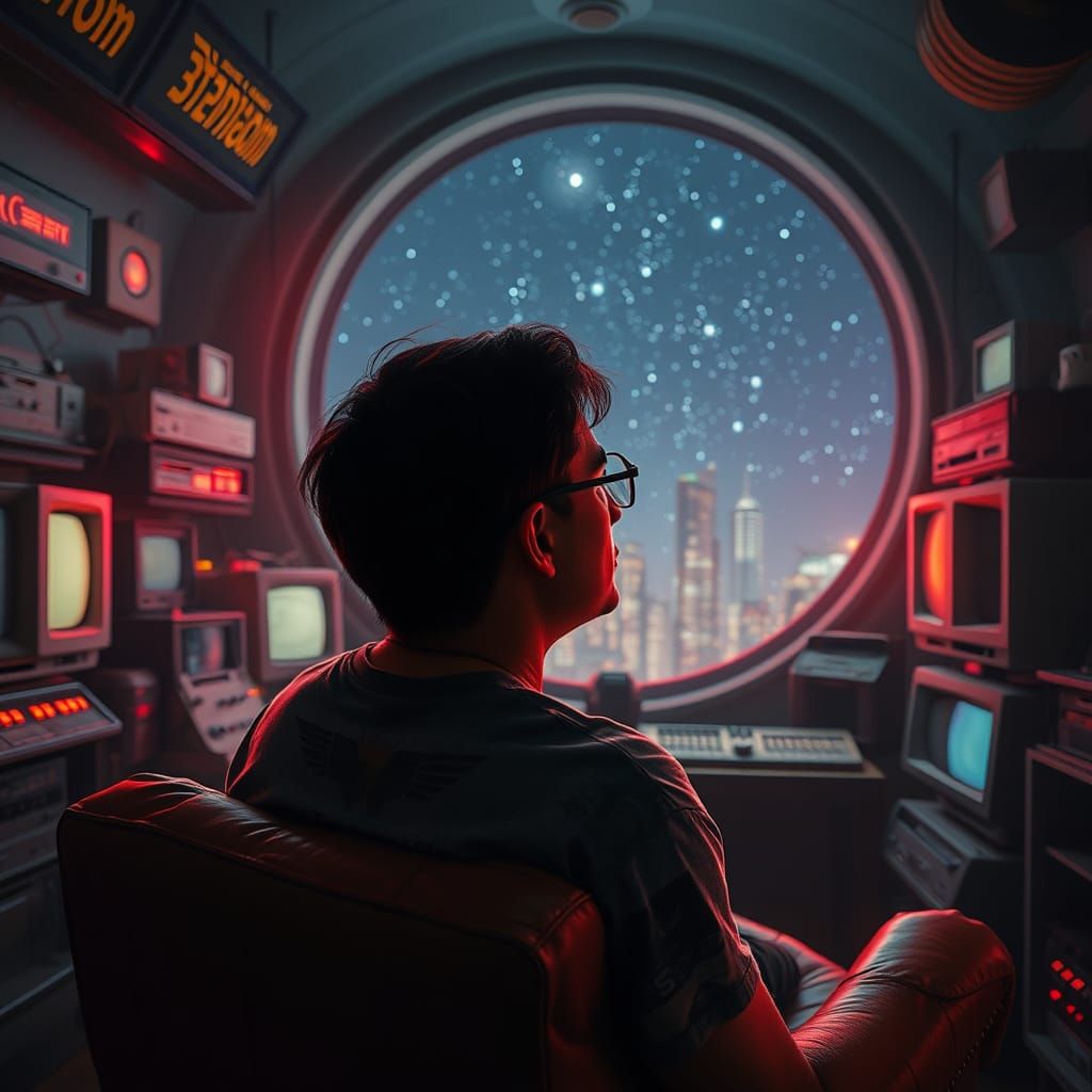 Mysterious Figure Faces the Cosmos in a Retro-Futuristic Lai...