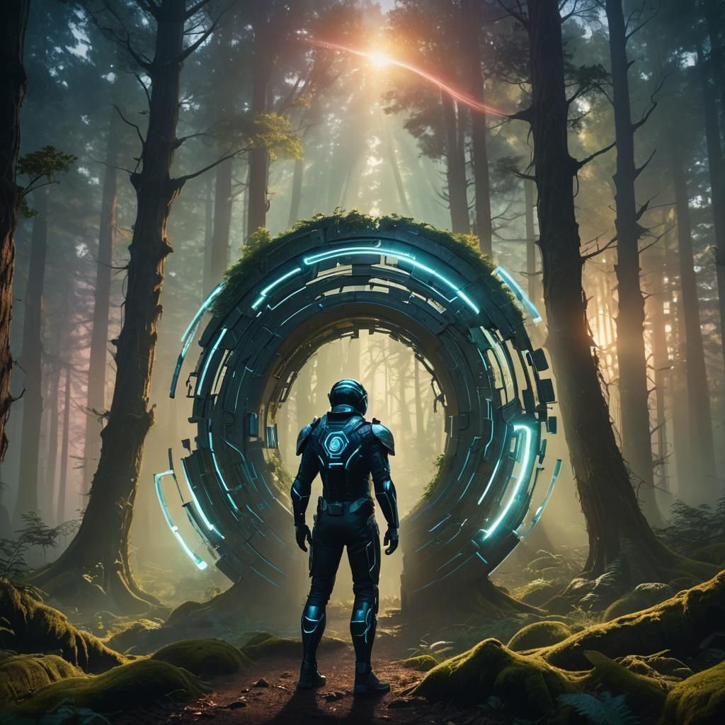 Futuristic Figure by Glowing Portal in Mystical Forest