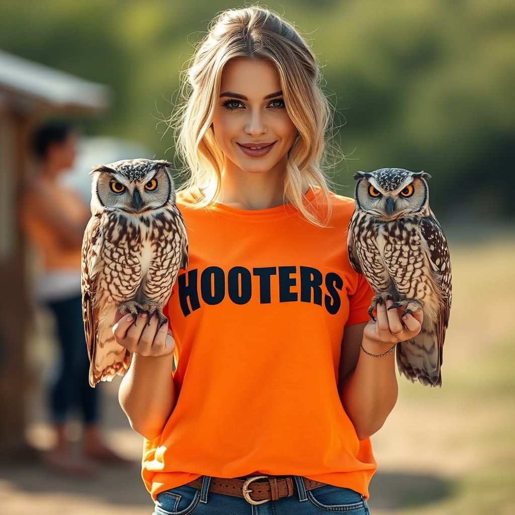 Woman with Owls in Orange T-Shirt