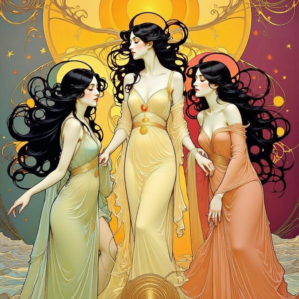 Three Women with Spider Lightning in Art Nouveau Style