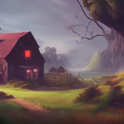 Fantastical Farm in Detailed Matte Painting Style