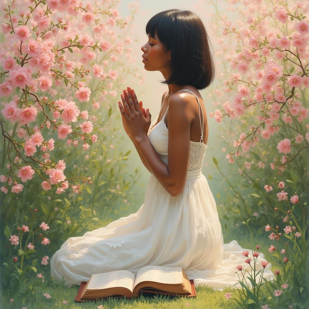 Serene Devotion in a Pink Floral Paradise