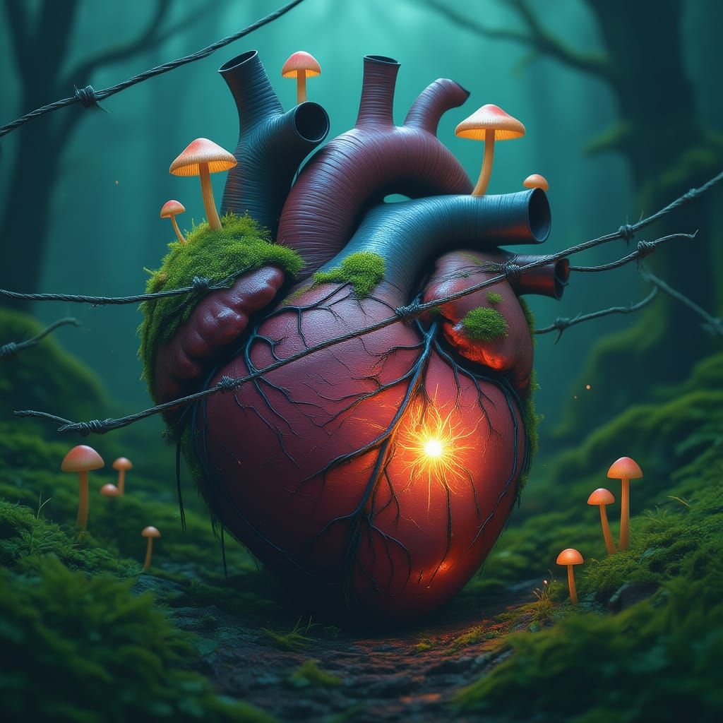 Healing Heart With Moss and Mushrooms Amidst Darkness