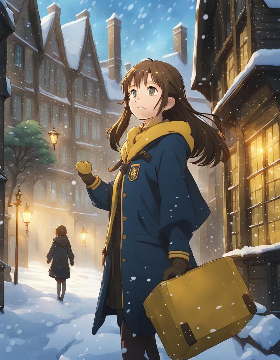 Hufflepuff Student in Snowy Hogsmeade, Anime Style