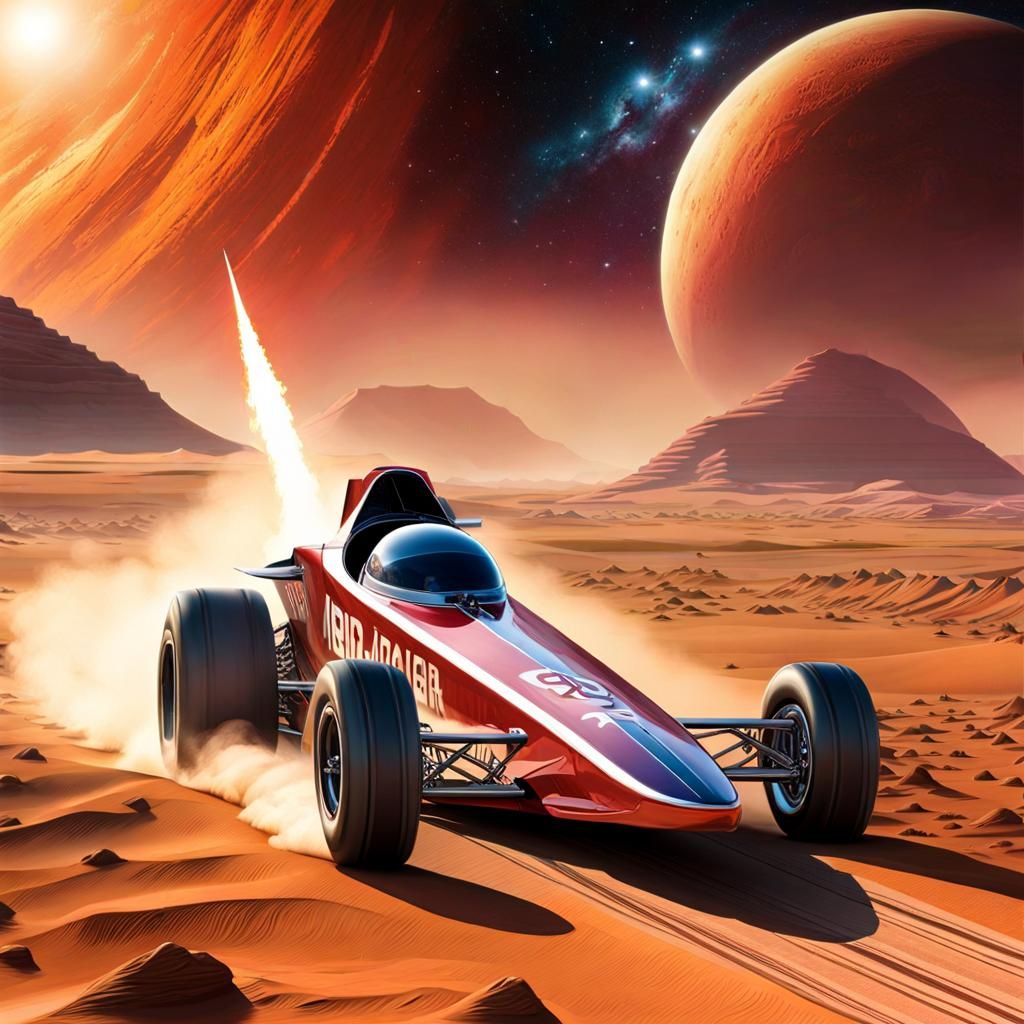Drag Racing on Mars in Watercolor Anime Style
