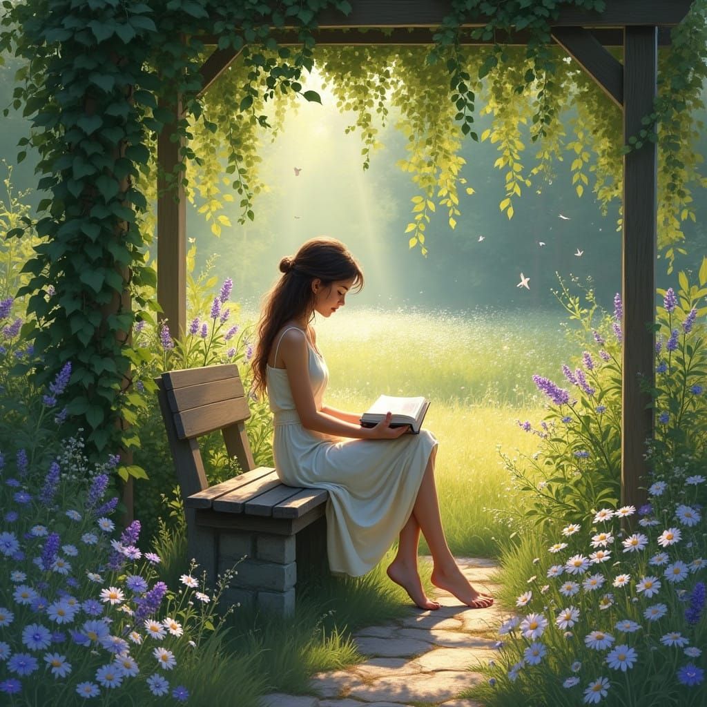 Peaceful Morning in a Secluded Garden with Wildflowers