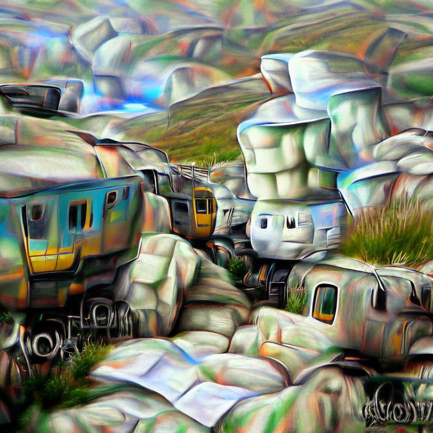 Surreal Moorland of Trains: Digital Oil Painting