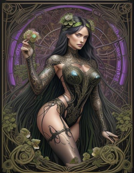 Forest spirits. D&D character design reference. Art Nouveau powered by DALL-E 3. Commented on by H R Giger and GUSTAV KL...