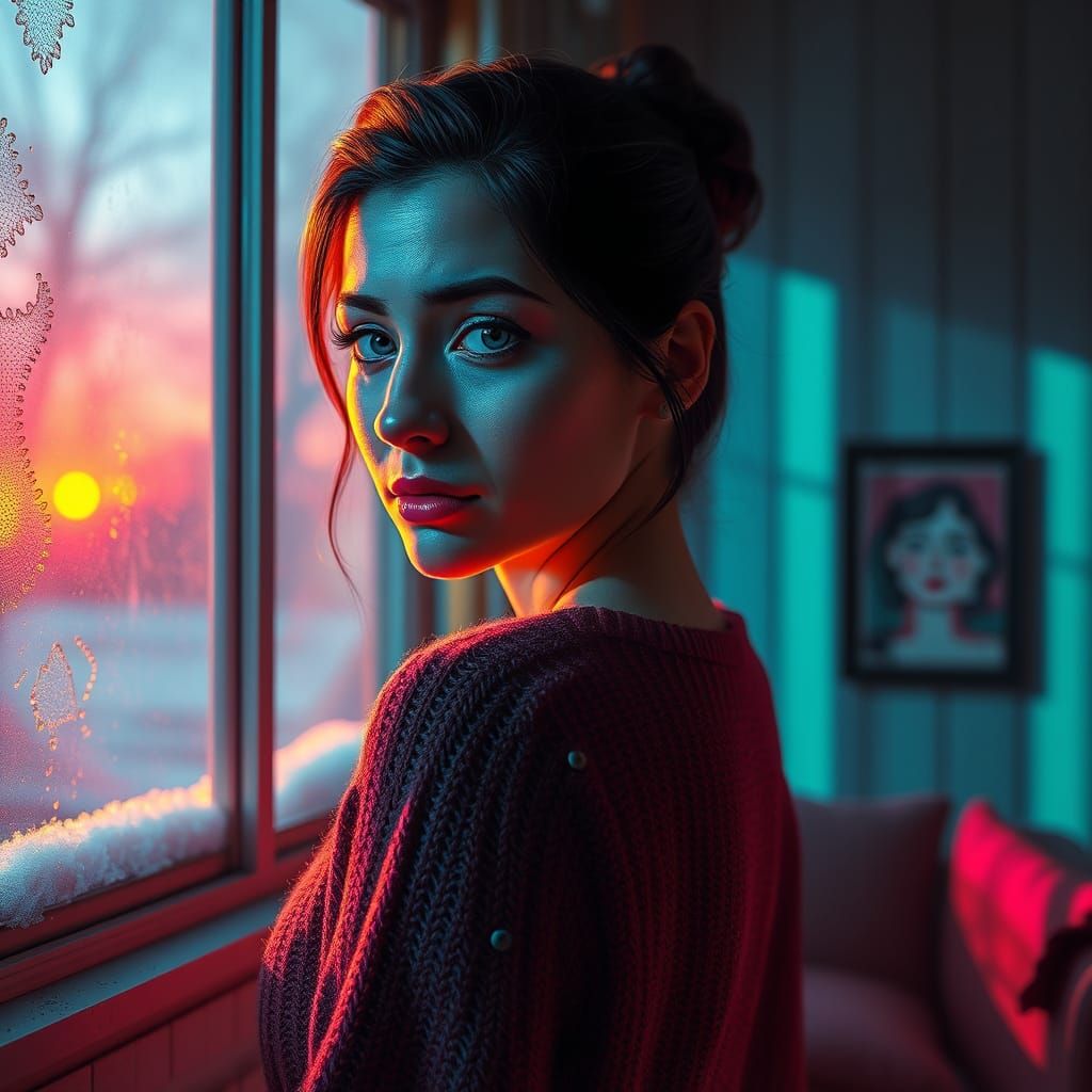 Woman Crying at Window in Warm Light, Hyperrealism