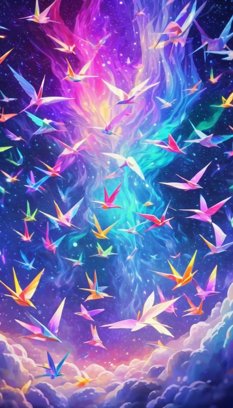 Ethereal Paper Cranes Floating in Space