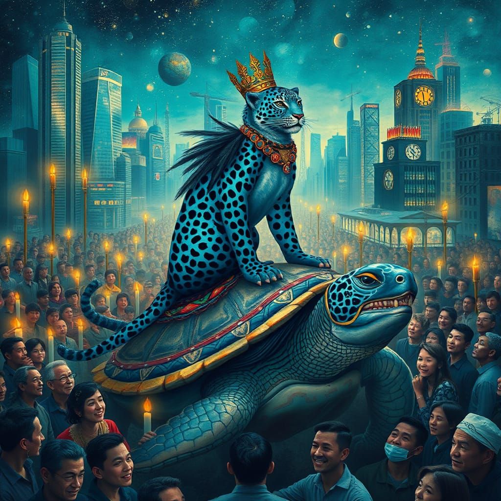 Blue Leopard King Rides Turtle in Surreal Cityscape