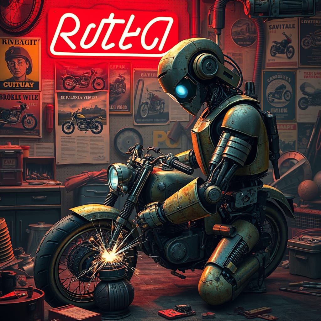 Robot Repairs Motorcycle in Neon Cyberpunk Garage