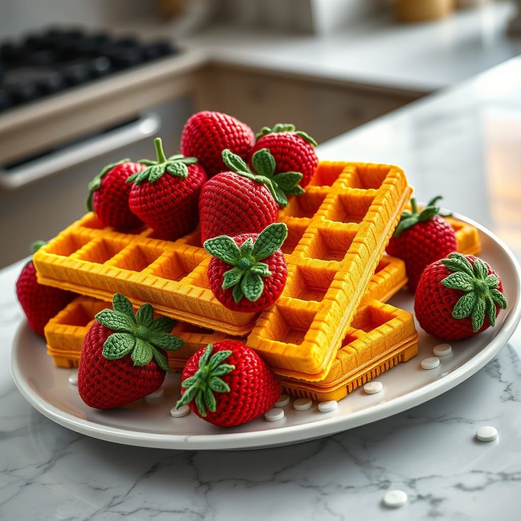 Hyperrealistic Lego Waffles with Crochet Strawberries