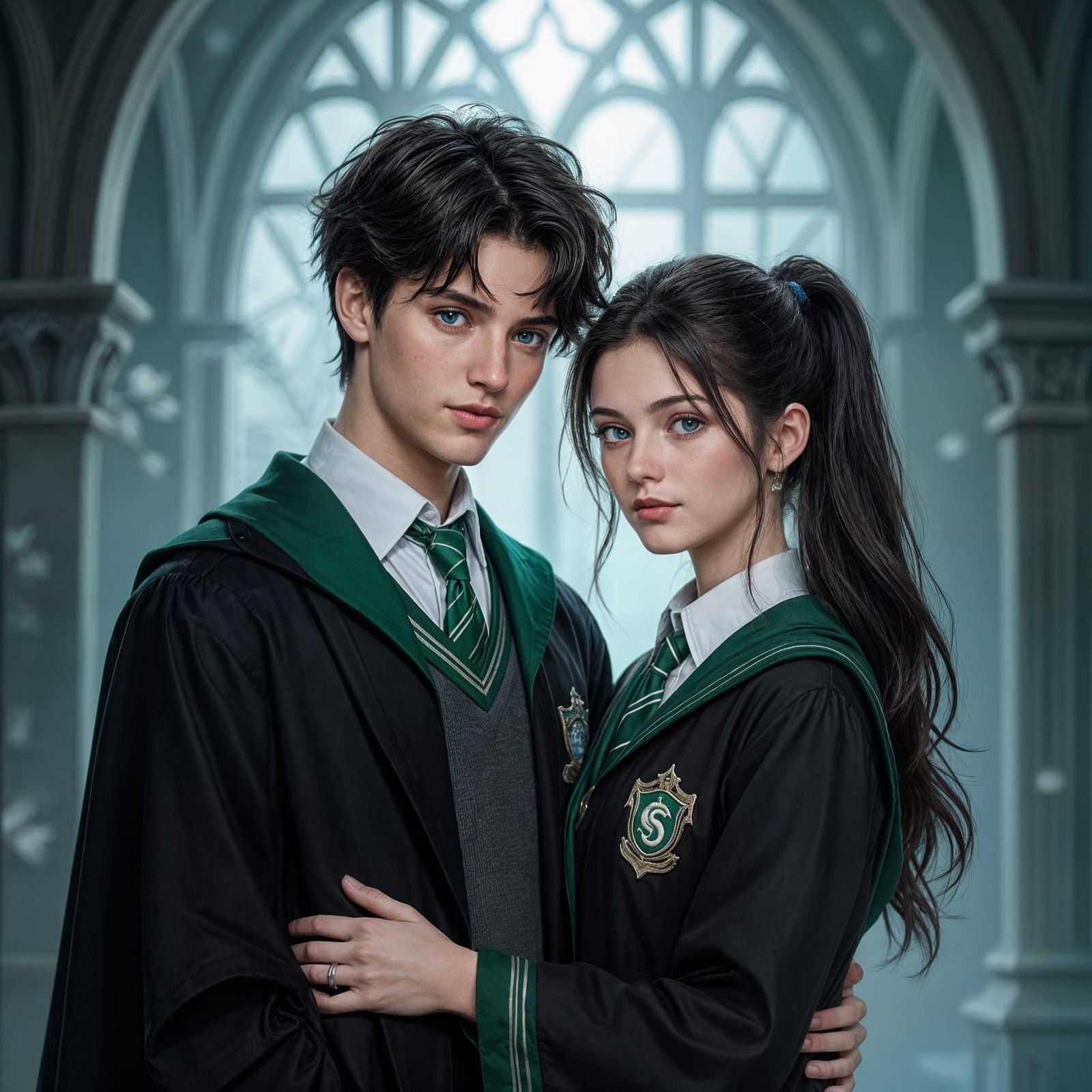 Slytherin Couple in Hogwarts, Detailed Digital Painting