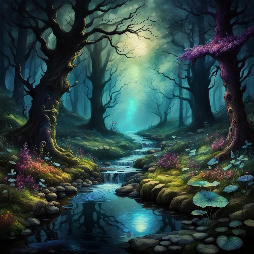 Mystical Woodland Scene in Surreal Alcohol Ink Style