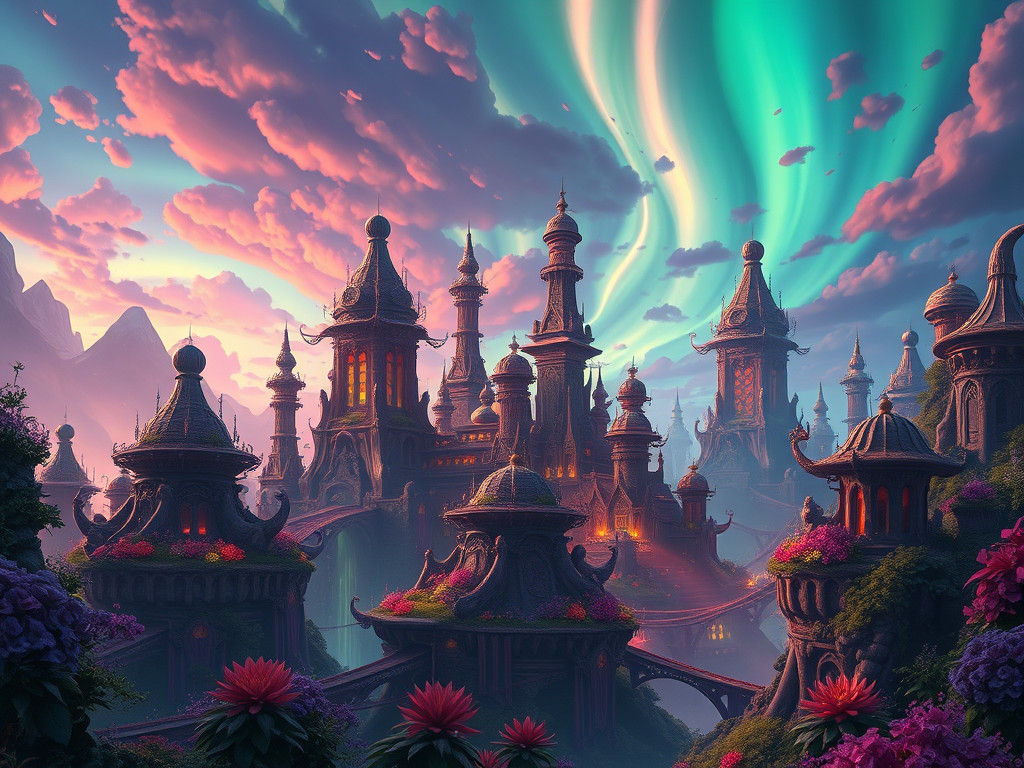 Dreamlike Fantasy World with Aurora Skies
