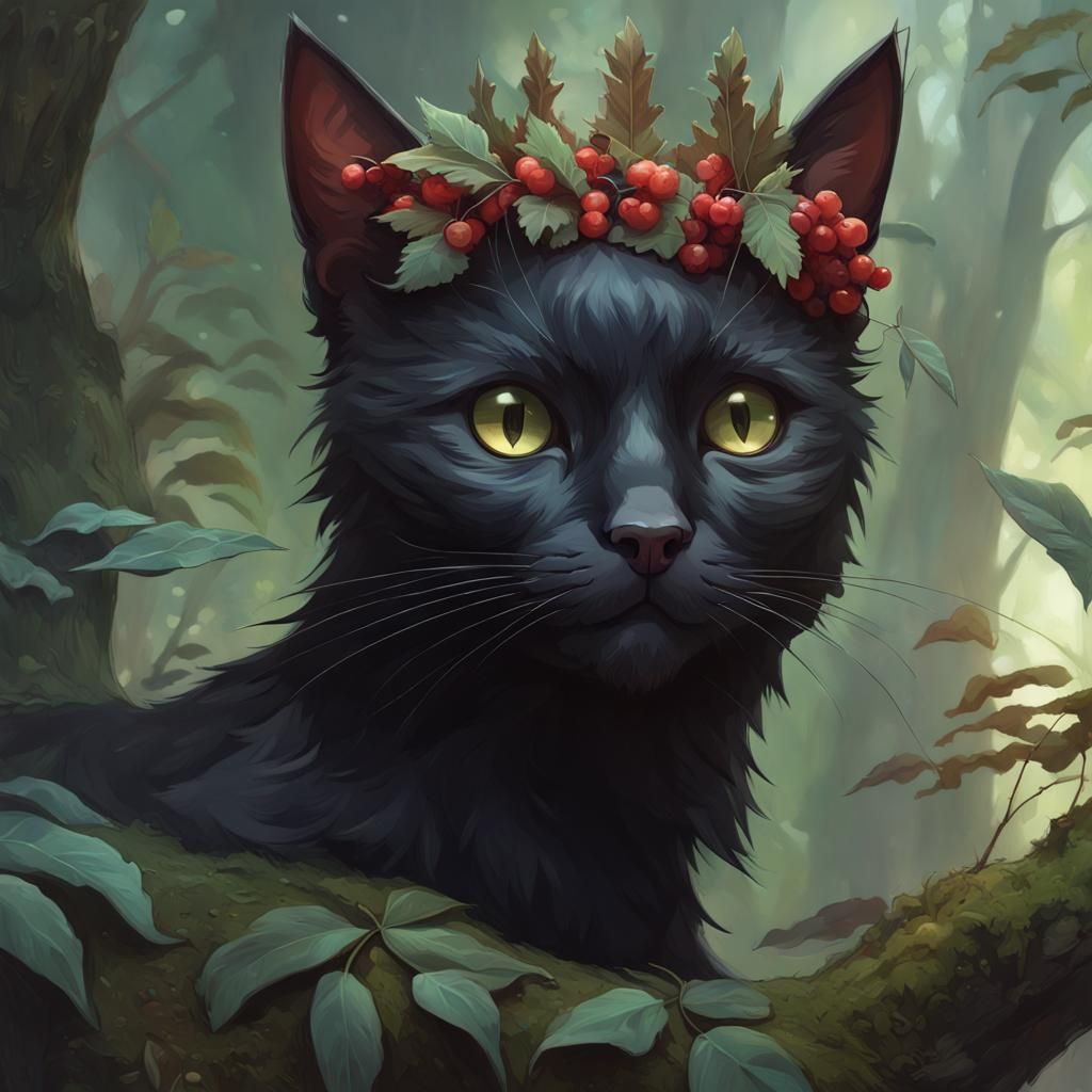Black Cat King in Forest, Detailed Fantasy Portrait