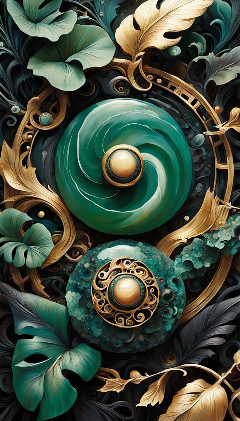 Acrylic painting, Abstract brush stroke, Splash art. Diesel-punk theme, 1920s style.
A disk of jade and obsidian, inlaid...