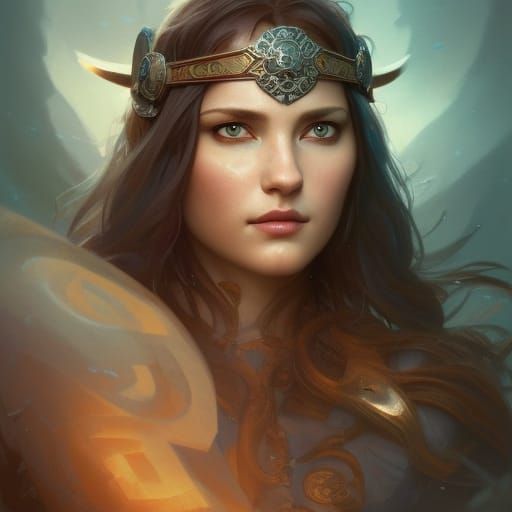 Viking Woman Portrait with Runes in Art Nouveau Style