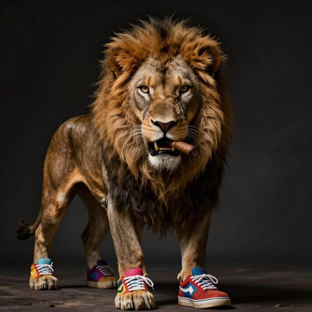 Lion Wolf Bull Hybrid with Cigar and Sneakers