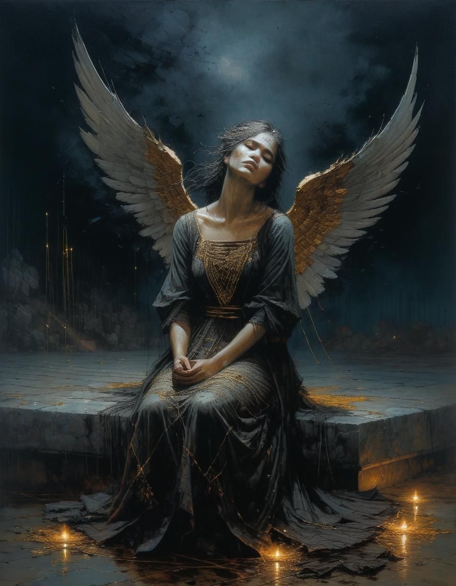 Fallen Angel in Rembrandt Style Chiaroscuro Painting