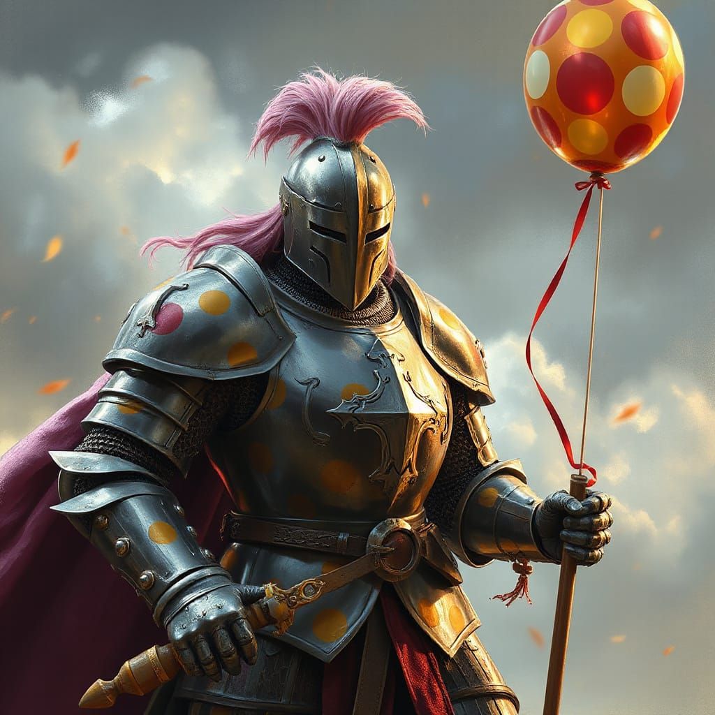 Fearsome Knight in Polka Dots with Party Balloon