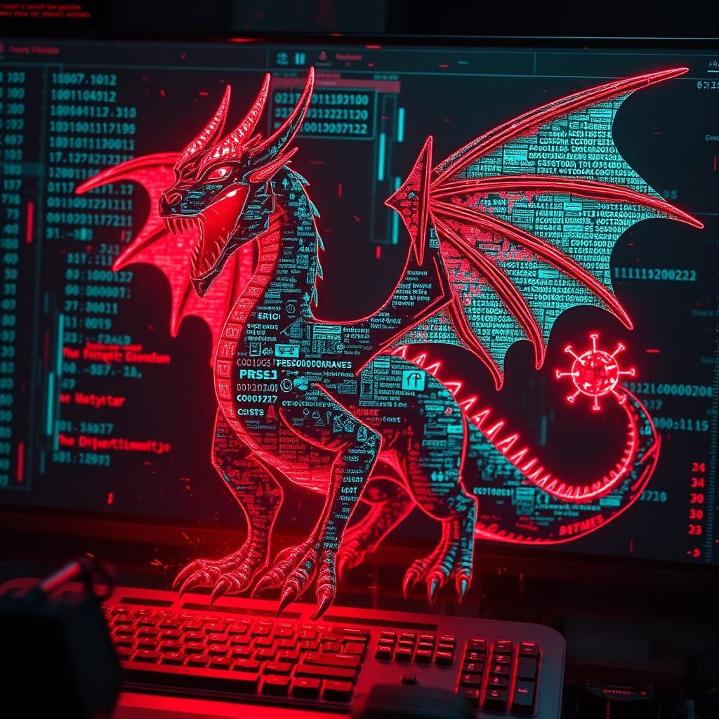Digital Glitch Dragon Emerges from Corrupted Screen