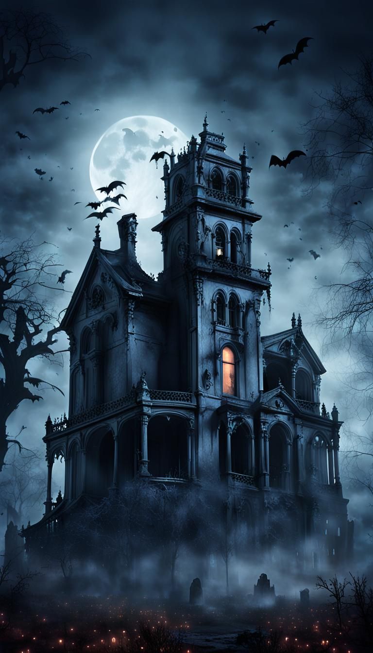 An spooky eerie creepy scary disheveled Haunted mansion with...