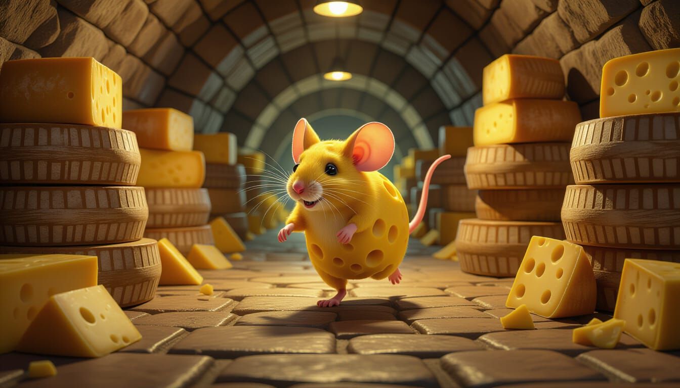 Cheese Mouse Runs Through Cheese Cellar: Surreal Art