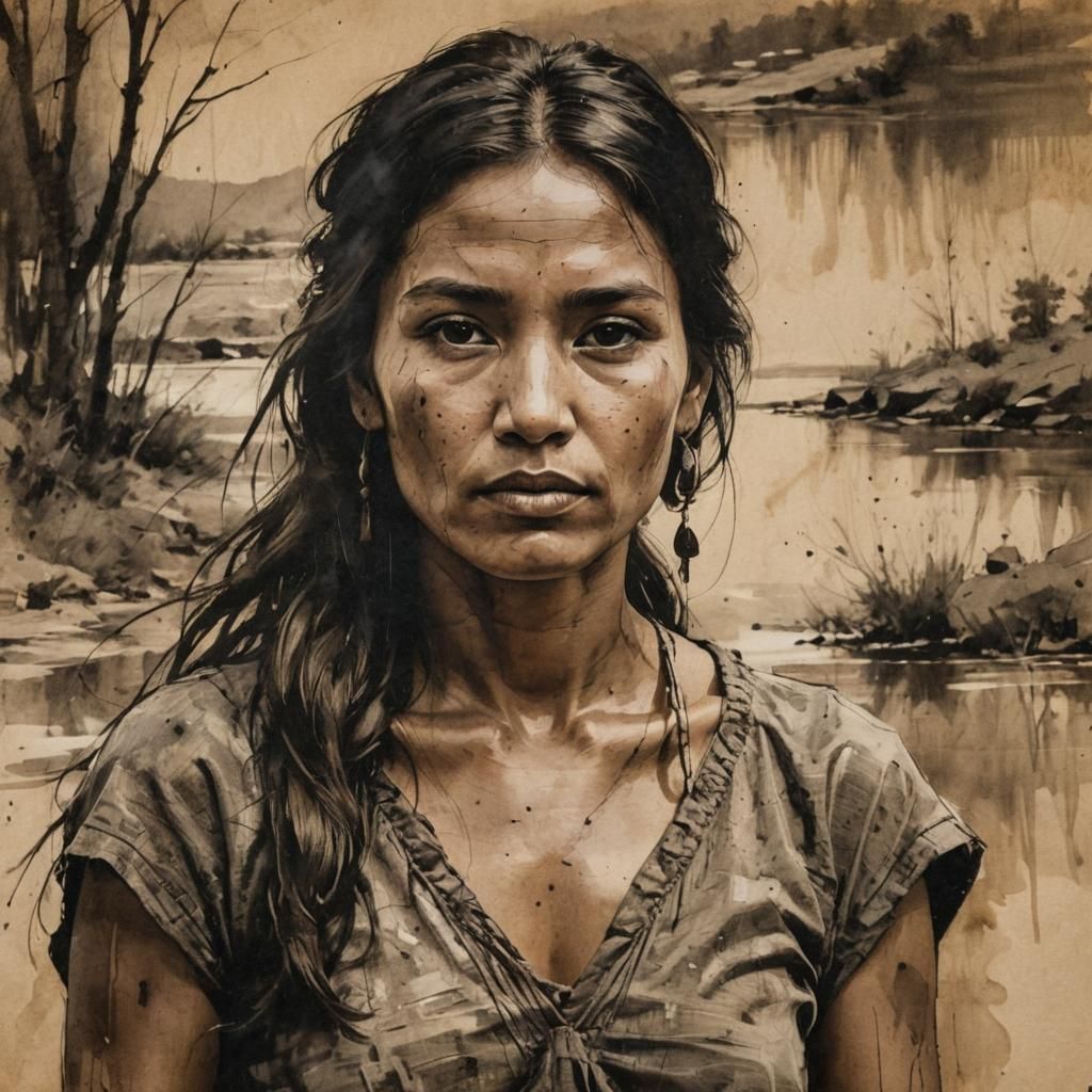 Native American Woman in Modern Ink Painting