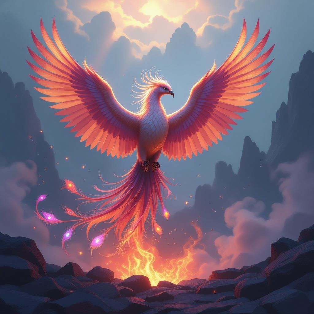 Majestic Phoenix Rises from Embers in Ethereal Fantasy Art