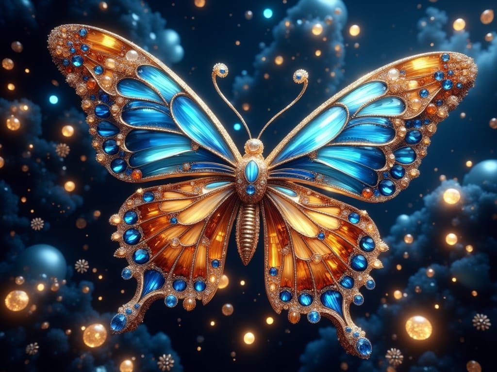 Hyperrealistic Butterfly in Blue Night, Splash Art