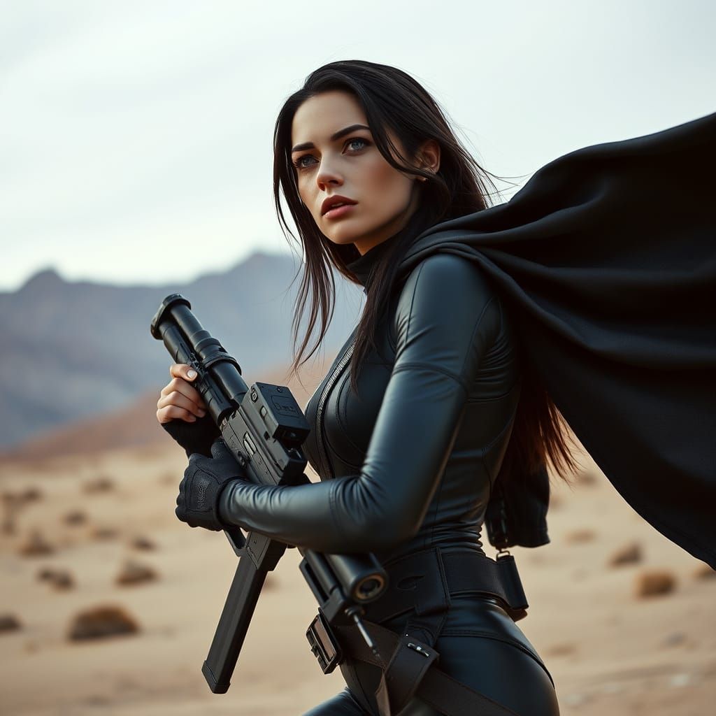 Surreal Desert Warrior Stands Guard in Futuristic Landscape