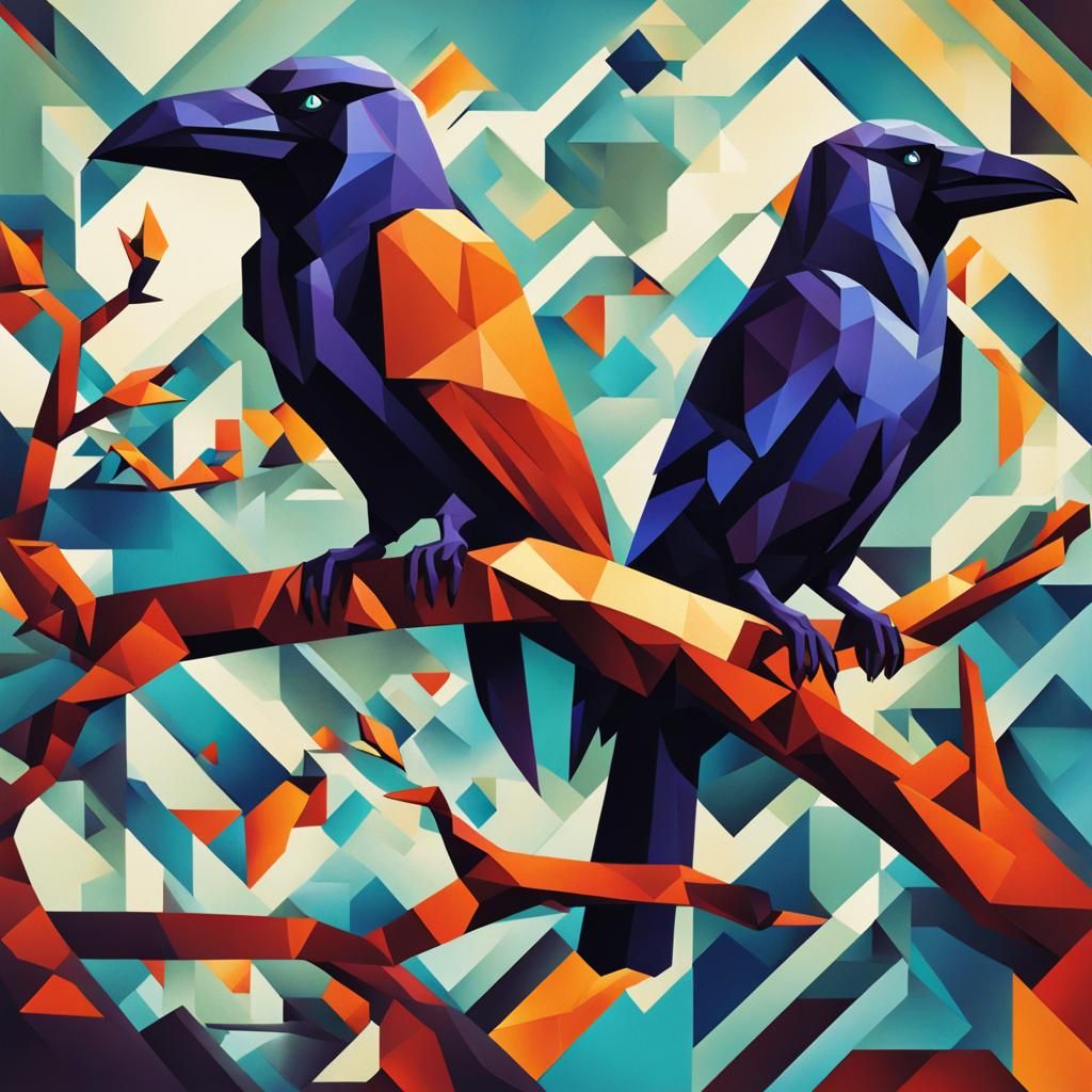 Huginn and Muninn in Cubist Art Deco Style