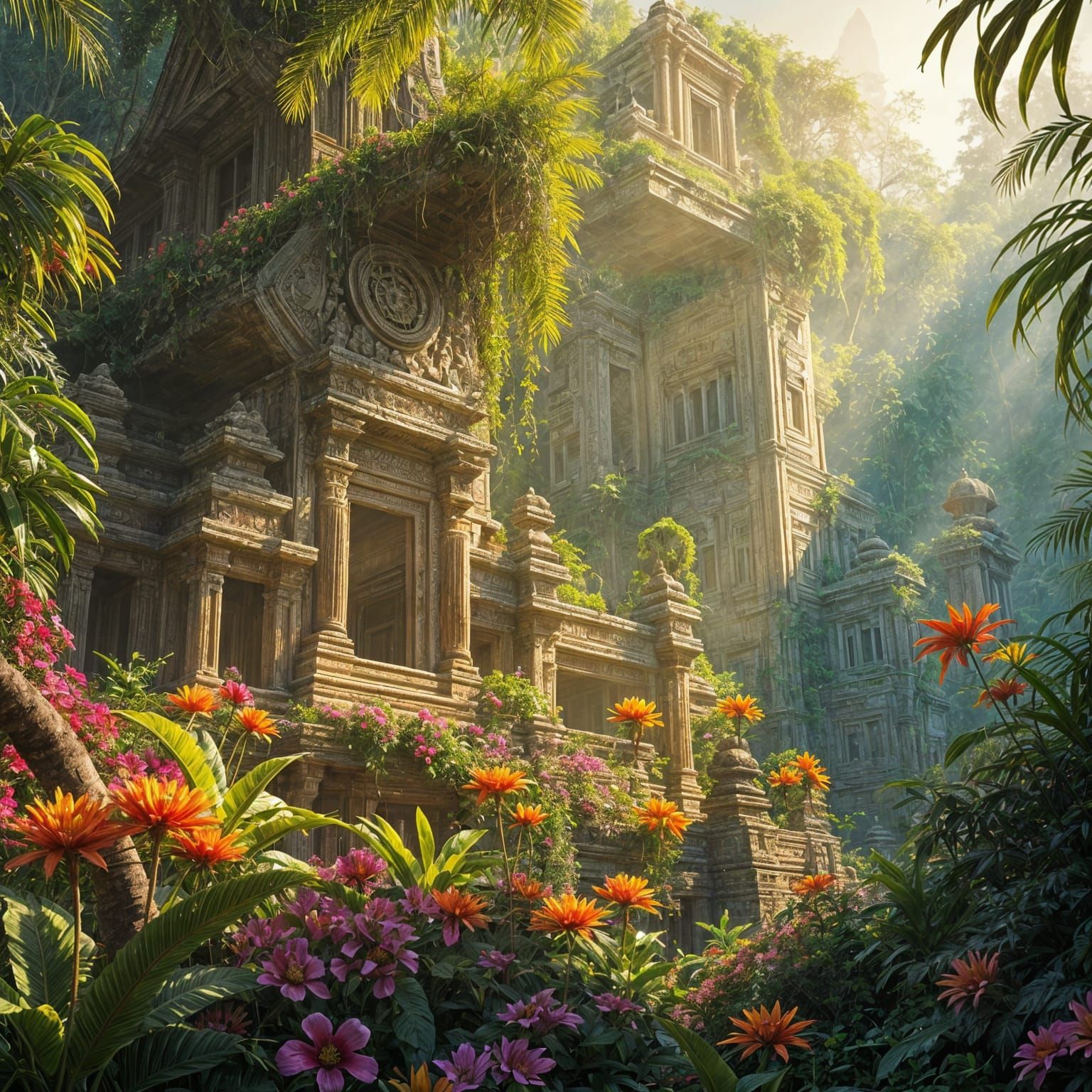 Hyperrealistic Jungle Temples Overgrown with Flowers