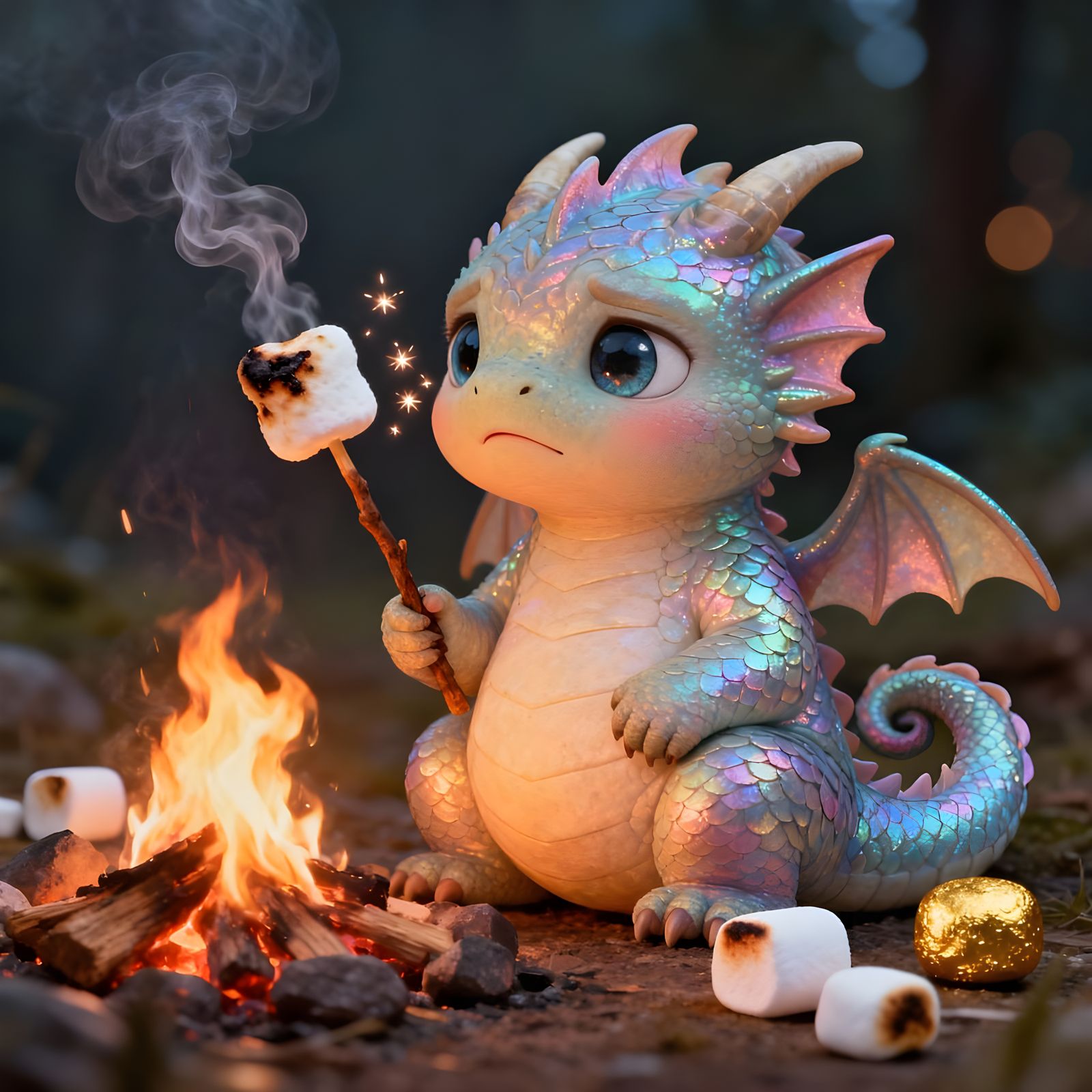 Adorable Baby Dragon with Burnt Marshmallow, Whimsical Fanta...