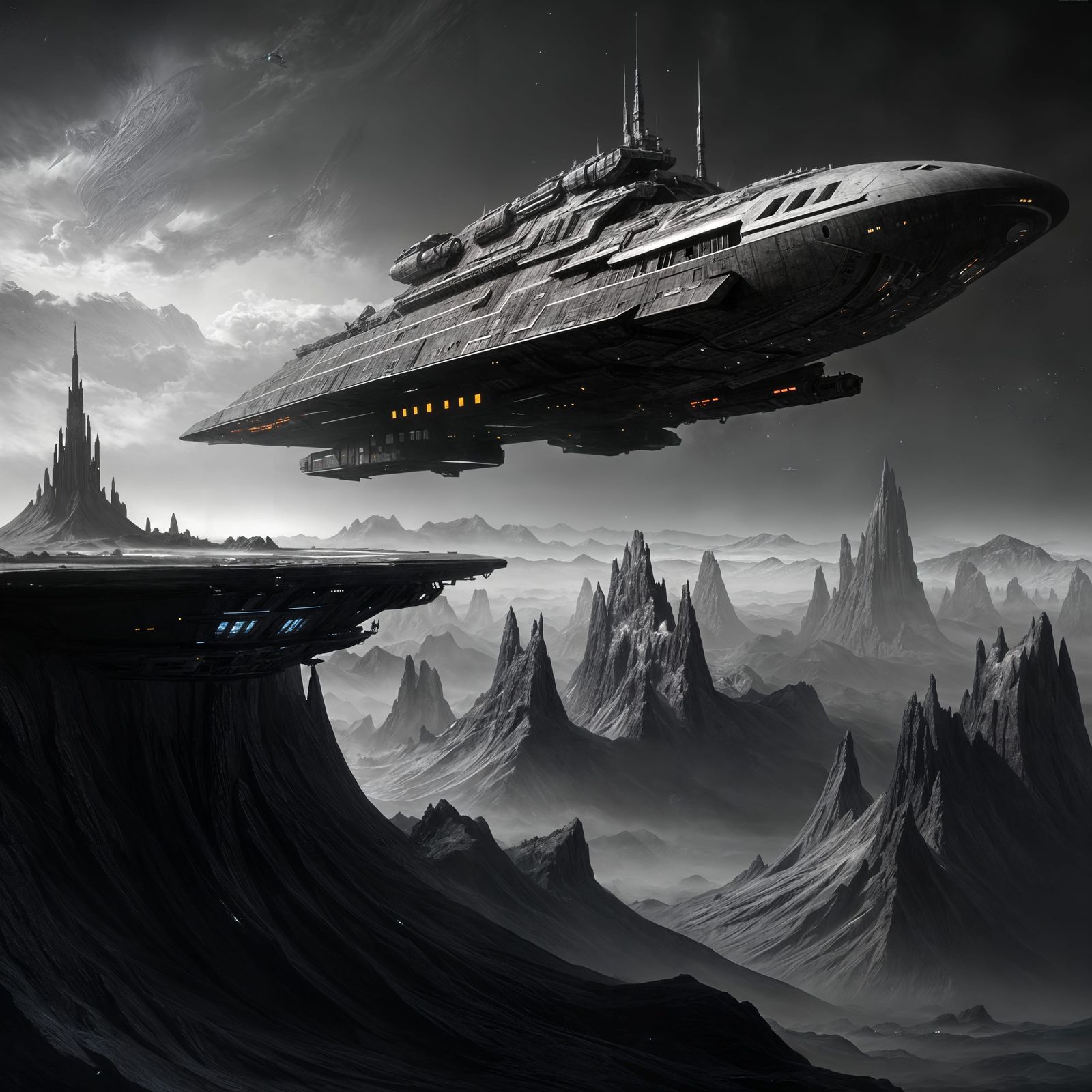 Retro Sci-Fi Spaceship in Black and White