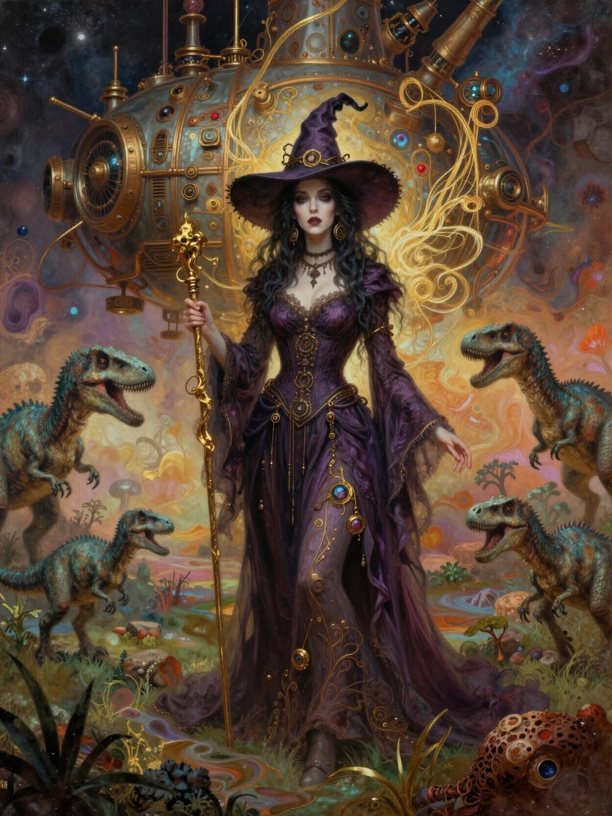 Romantic Goth Witch in Steampunk Spaceship During Jurassic P...