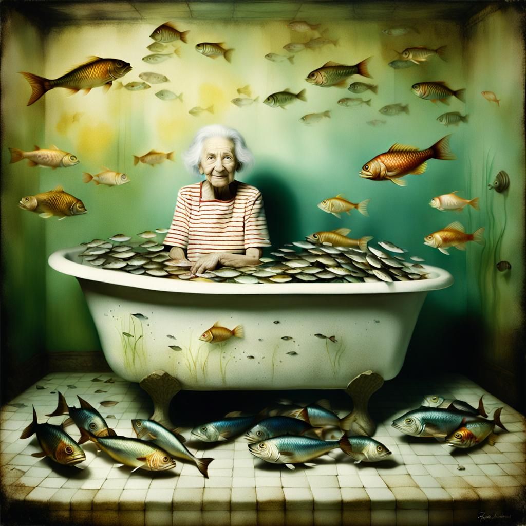 Eerie Tropical Bathtub Portrait of Old Woman