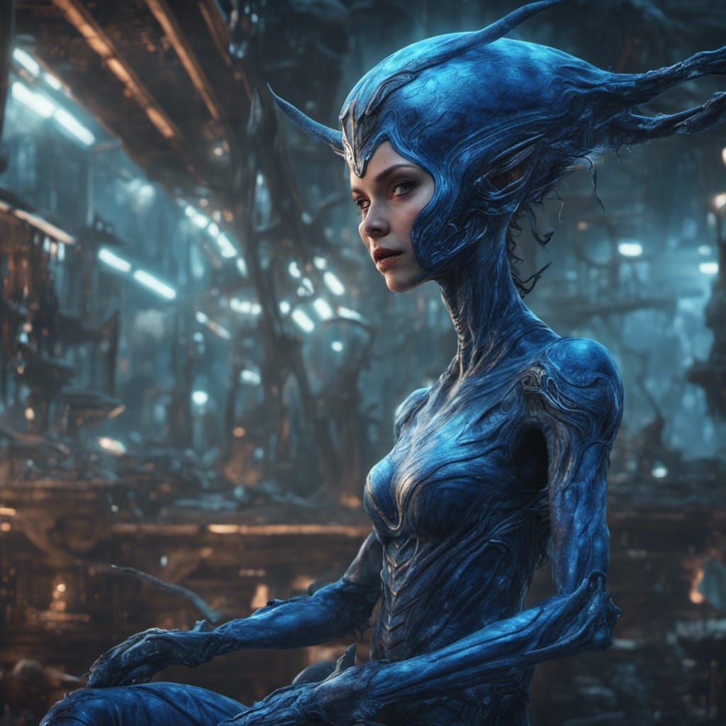 Detailed Blue Alien Girl: Matte Painting