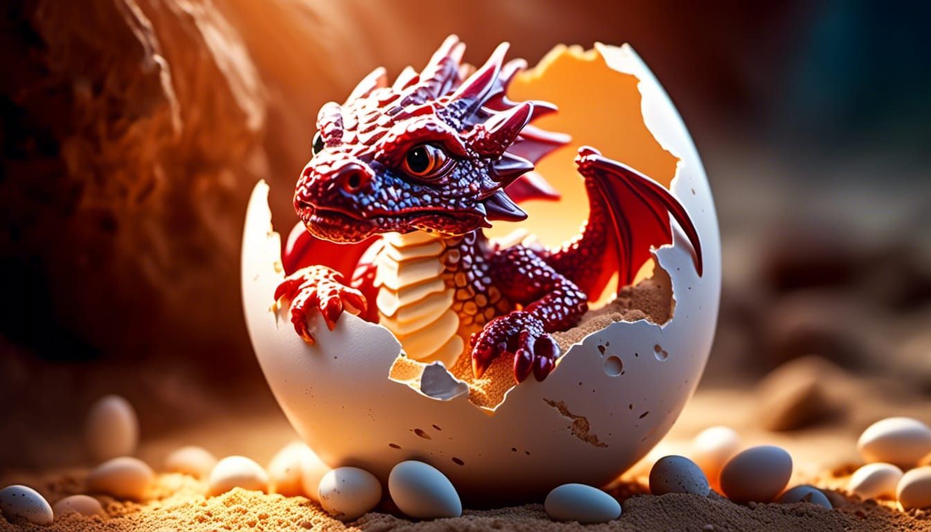 Hyperrealistic Baby Red Dragon Hatching from Egg
