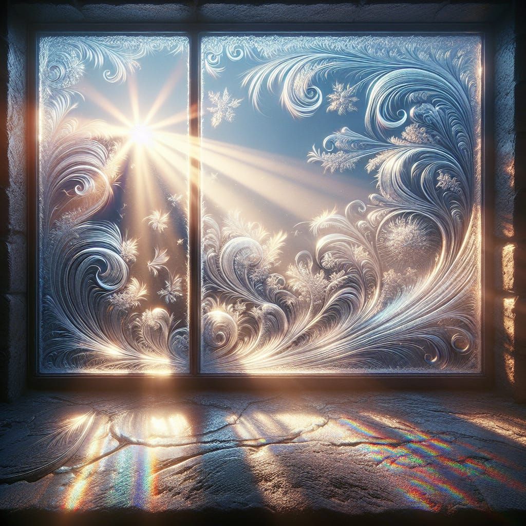 Sunlit Frost Window with Rainbow Refractions