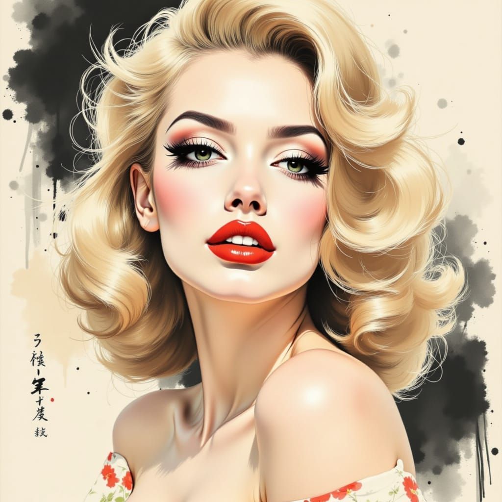 1950s Pin-Up Woman in Japanese Ink Style