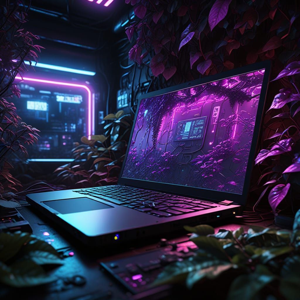 Cyberpunk Laptop Overtaken by Neon Nature