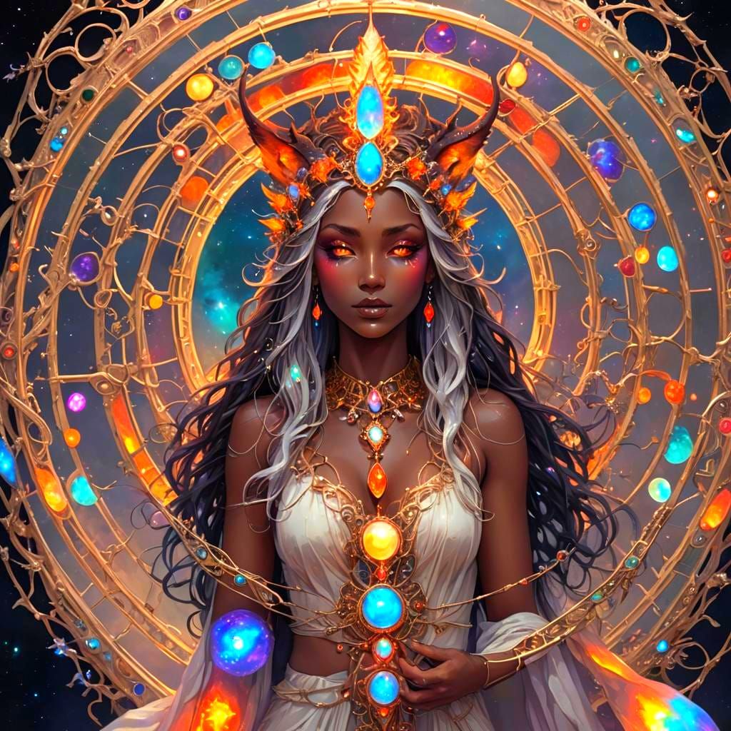Goddess on Fire Opal Throne with Dark Sun