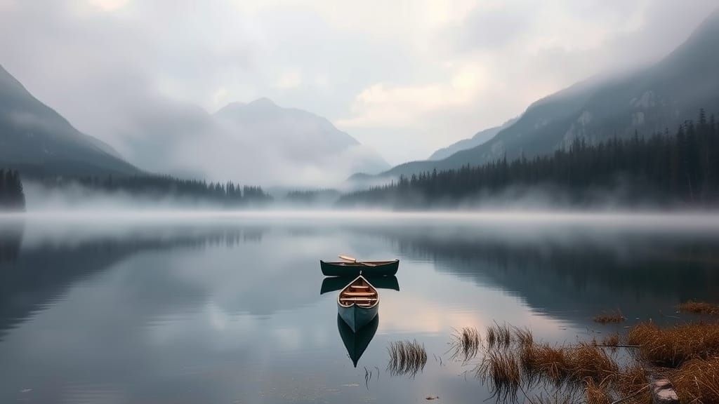 Lone Canoe on Mountain Lake in Impressionist Style