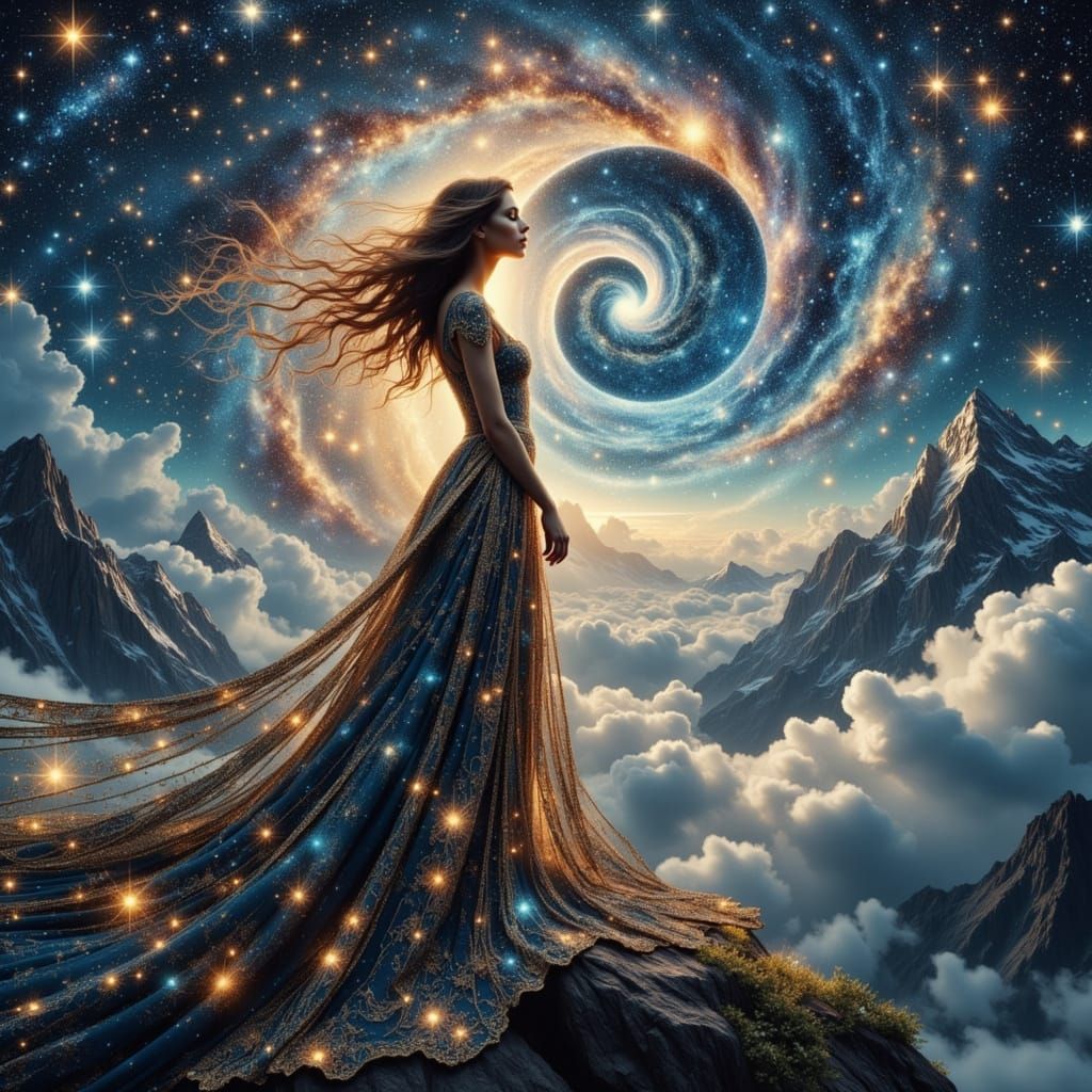 Celestial Goddess Gazing at Galaxy in Art Nouveau Style