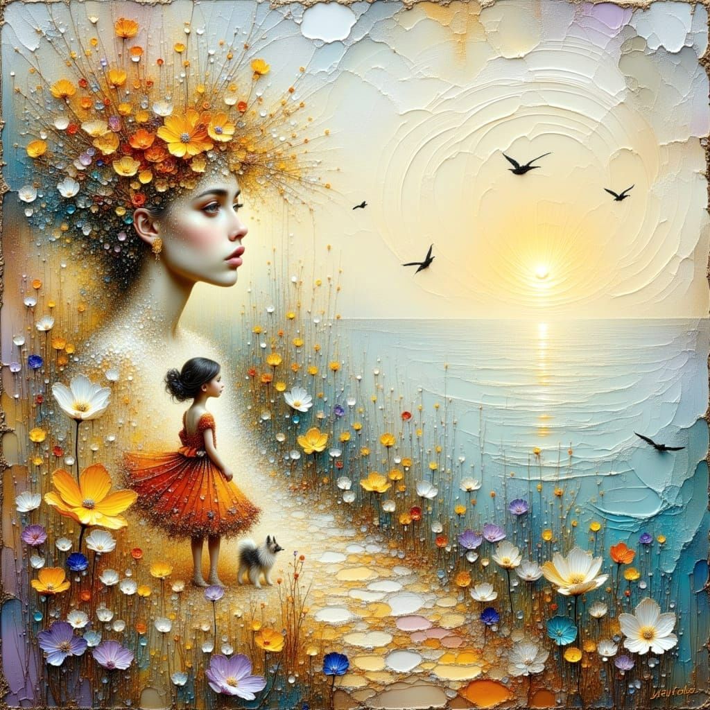 Girl and Dog in Dreamy Garden Cliffs