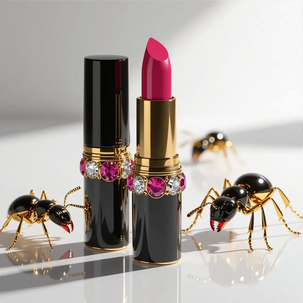 Gold Ants Crawling on Luxury Lipstick